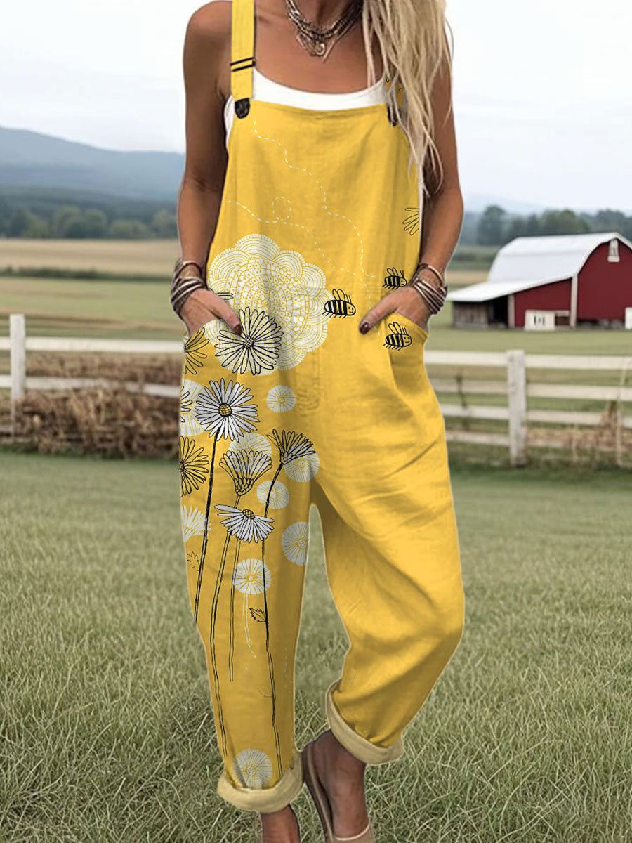 🔥Women's Funny Bee Art Print Casual Cotton + Polyester Wide Leg Jumpsuit