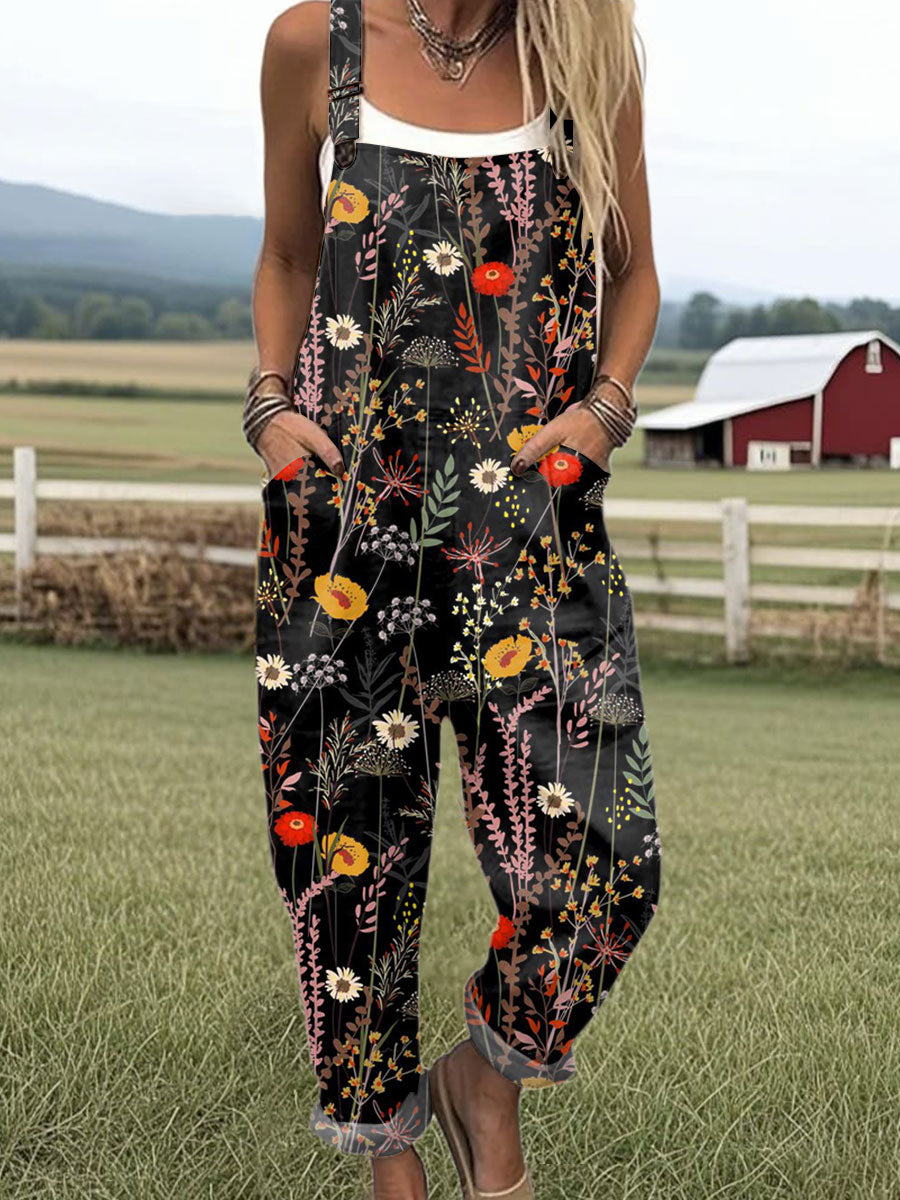 🔥Women's Vintage Flower Art Print Casual Cotton + Polyester Wide Leg Jumpsuit 7/4