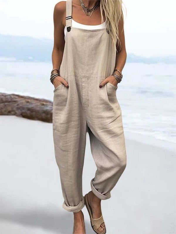 🔥Wome's Vacation Retro Casual Cotton + Polyester Wide Leg Jumpsuit