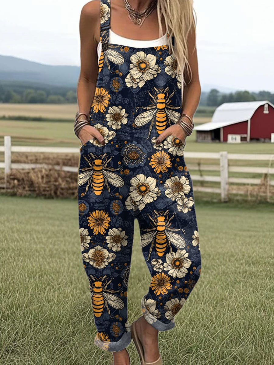 🔥Women's Funny Bee Art Print Casual Cotton + Polyester Wide Leg Jumpsuit