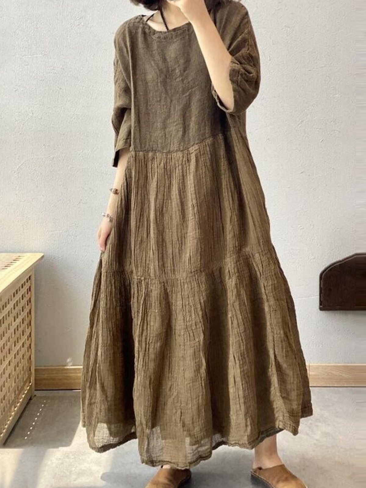 Daily Plain Half Sleeve Tiered Loose Midi Dress