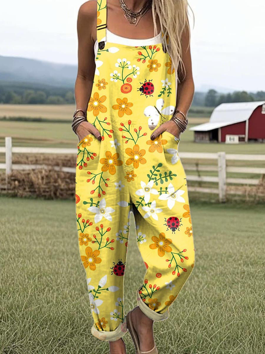 🔥Hot sale🔥Women's Art Flower Butterfly Print Casual Cotton + Polyester Wide Leg Jumpsuit