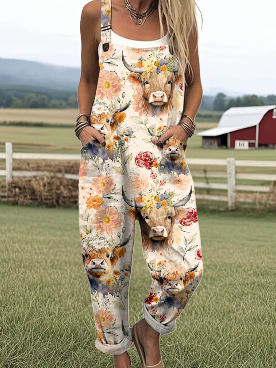 🔥Women's Lovely Cow Floral Pattern Art Print Casual Cotton + Polyester Wide Leg Jumpsuit