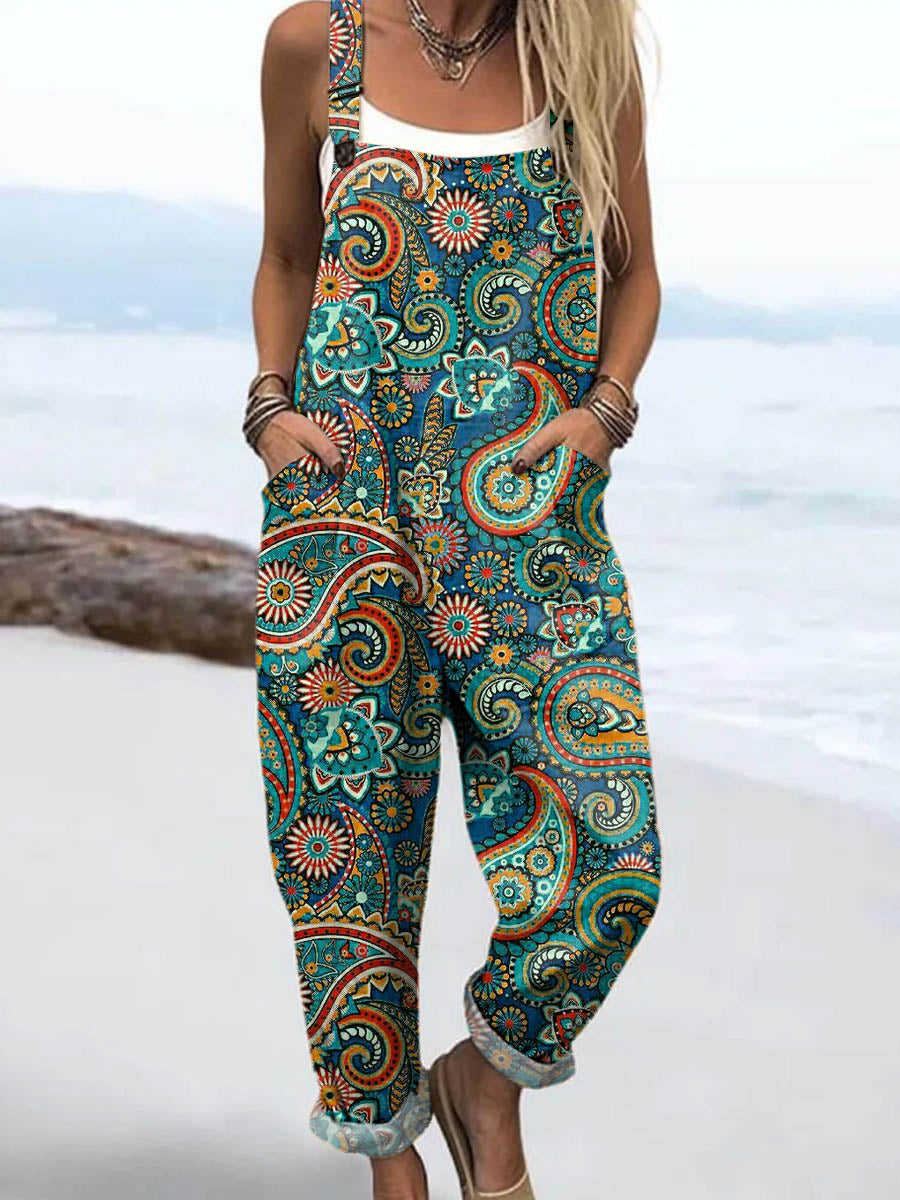 🔥Women's Vintage Ethnic Pattern Art Print Casual Cotton + Polyester Wide Leg Jumpsuit