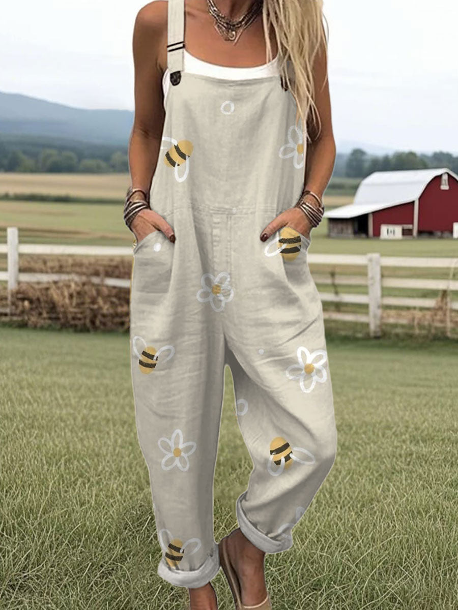 🔥Women's Funny Bee Art Print Casual Cotton + Polyester Wide Leg Jumpsuit