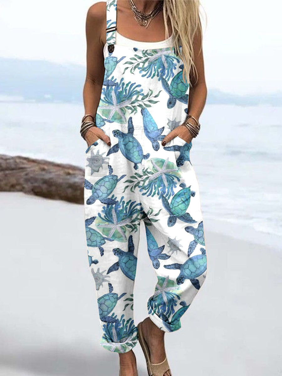 🔥Wome's Holiday Style Turtle Pattern Print Casual Cotton + Polyester Wide Leg Jumpsuit