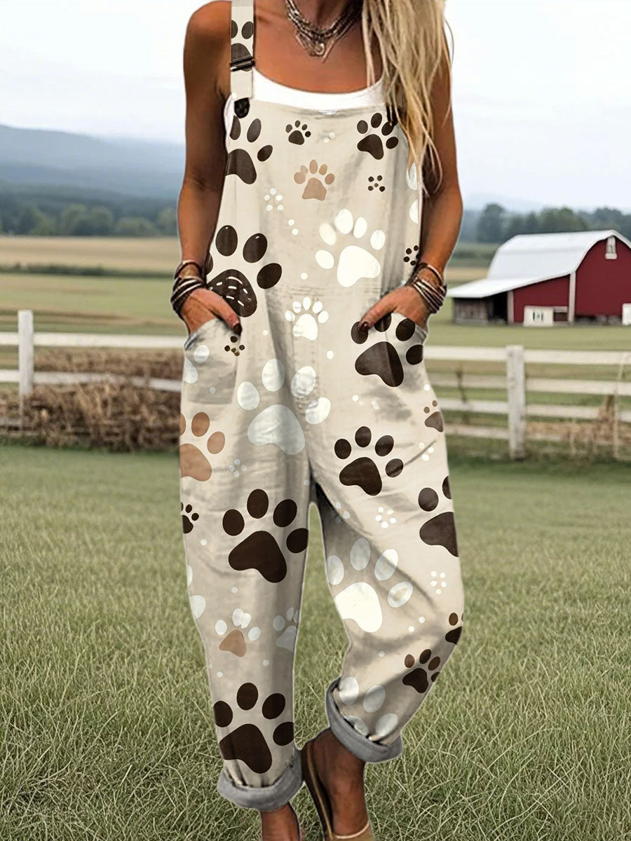 🔥Hot sale🔥Women's Vintage Dog Paw Print Art Print Casual Cotton + Polyester Wide Leg Jumpsuit 8/28