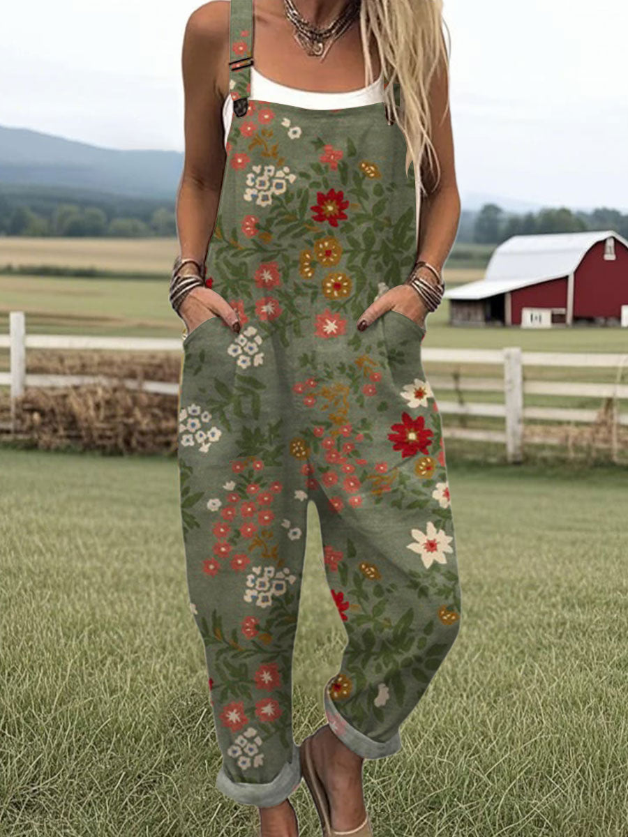 Women's Vintage Flower Art Print Casual Cotton + Polyester Wide Leg Jumpsuit 01