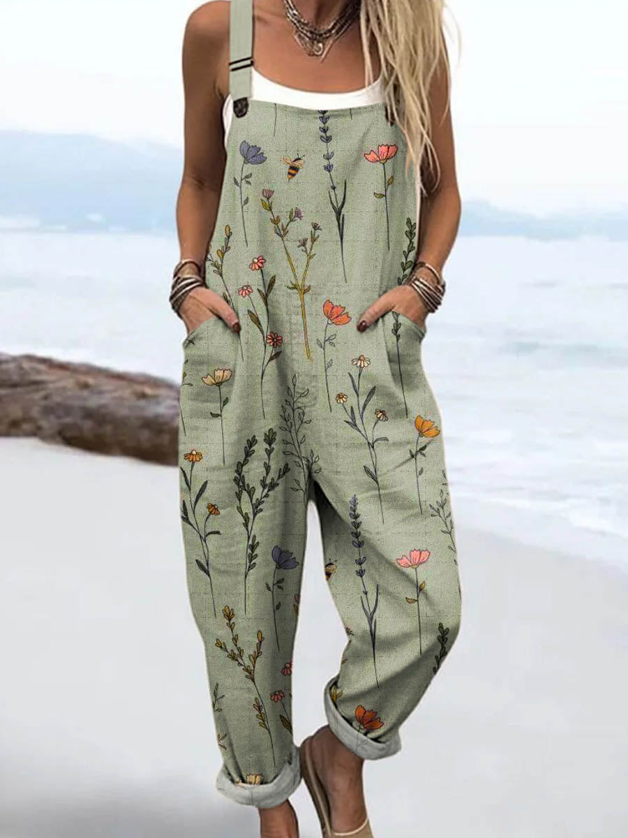 🔥Hot sale🔥Women's Vintage Floral Art Print Casual Cotton + Polyester Wide Leg Jumpsuit