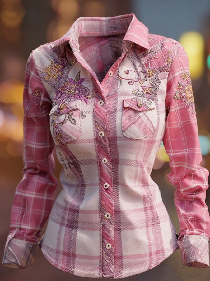 Vintage Pink Floral Check Art Print Casual Shirt