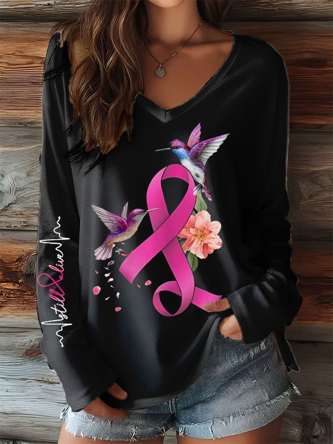 Women's Breast Cancer Hummingbird Ribbon Print V-Neck T-Shirt
