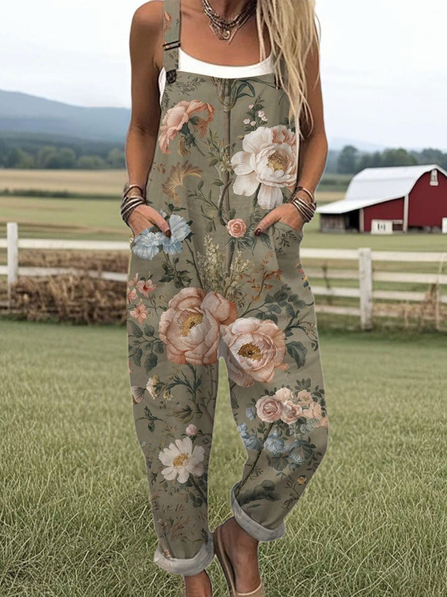 🔥Women's  Vintage Flower Art Print Casual Cotton + Polyester Wide Leg Jumpsuit 7/21