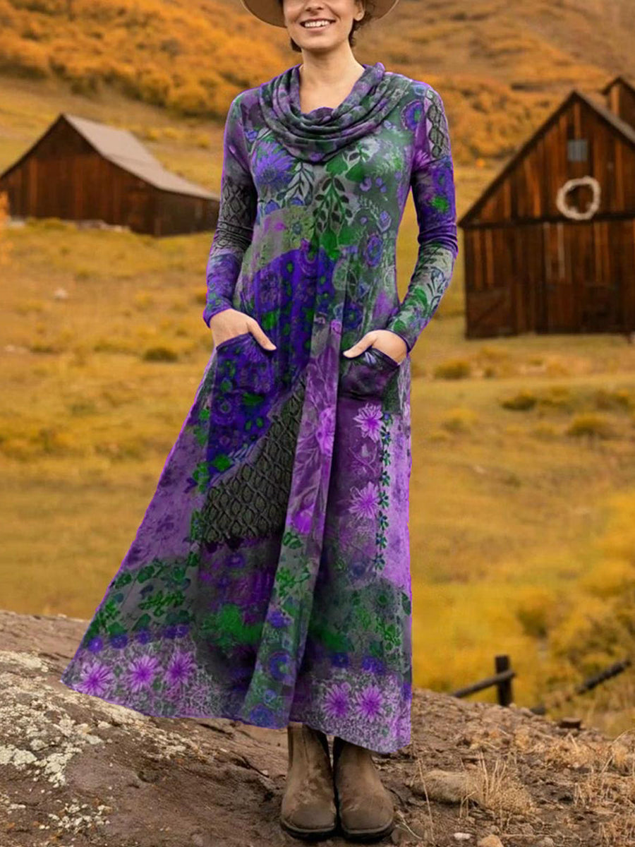Women's Boho Boat-Shaped Collar Floral Print Stretch Dress