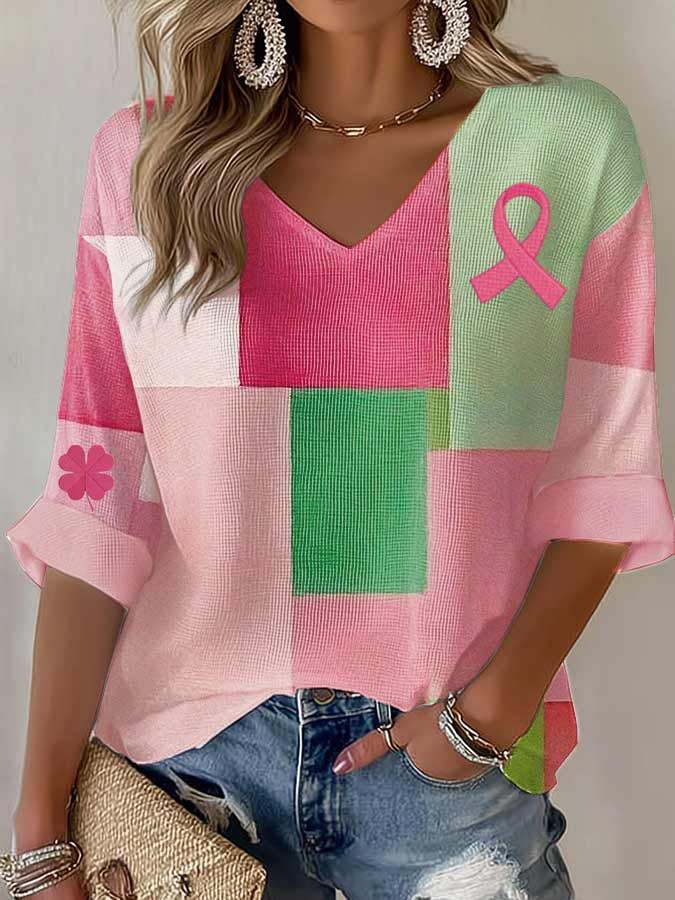 Abstract Four Leaf Clover Breast Cancer Art Printed Long Sleeve Top
