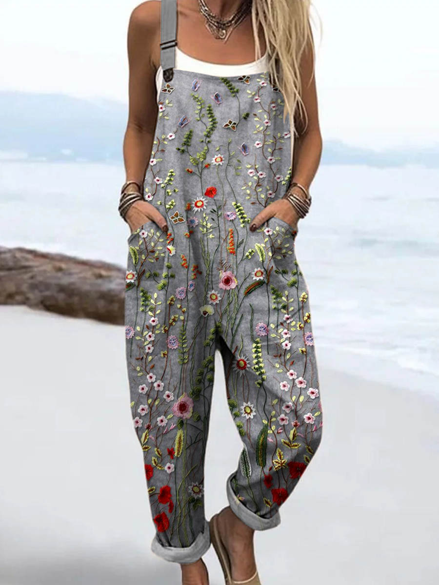 🔥Women's Vintage Lovely Floral Art Print Casual Cotton + Polyester  Cotton + Polyester Wide Leg Jumpsuit