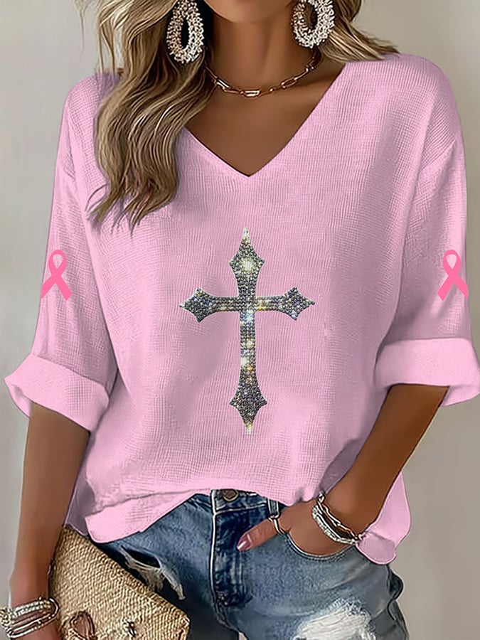 Women's Cross Pink Breast Cancer Awareness Print Shirt