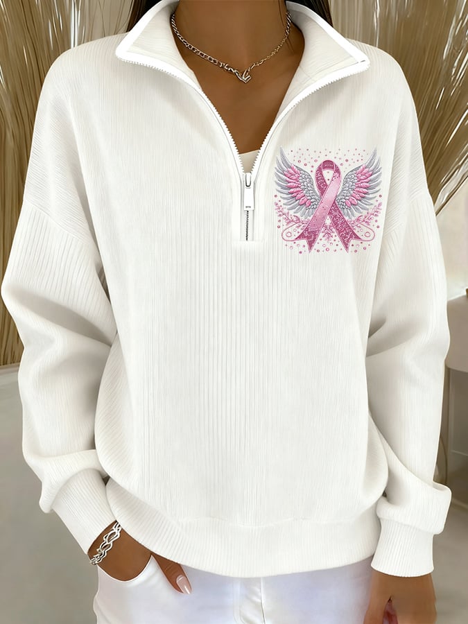 Women's Casual Pink Ribbon Knitted Zipper Sweatshirt