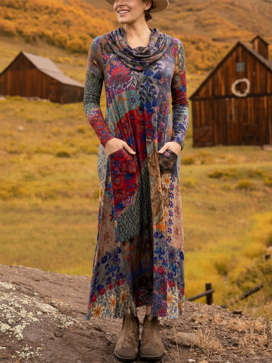 Women's Boho Boat-Shaped Collar Floral Print Stretch Dress
