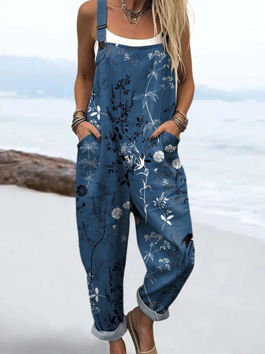 🔥Hot sale🔥Women's Vintage Floral Pattern Art Print Casual Cotton + Polyester Wide Leg Jumpsuit