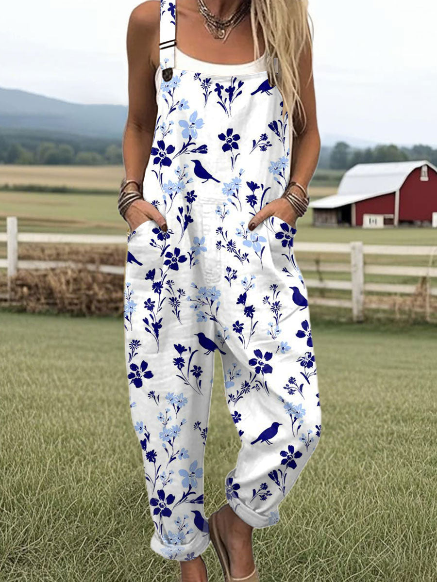 🔥Hot sale🔥Women's  Funny Flower Chick Art Print Casual Cotton + Polyester Wide Leg Jumpsuit