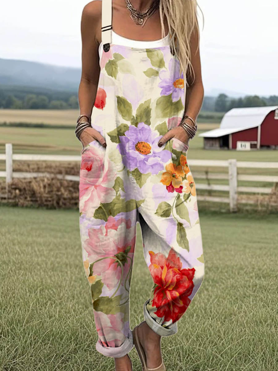 🔥Women's beige cute floral pattern art print pure Cotton + Polyester casual wide-leg jumpsuit