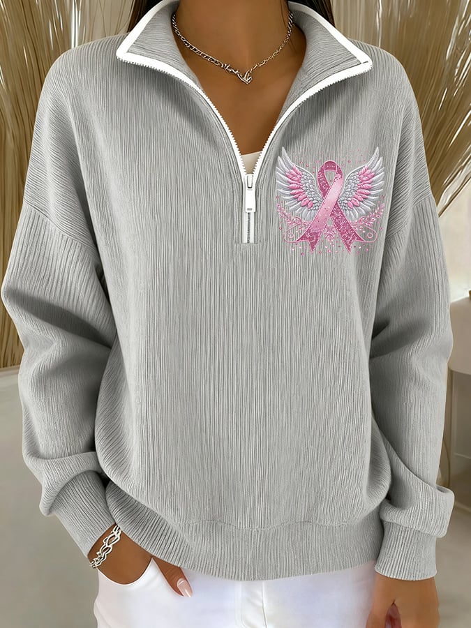 Women's Casual Pink Ribbon Knitted Zipper Sweatshirt