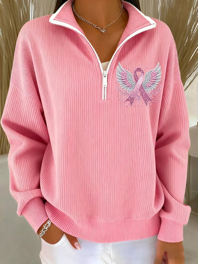 Women's Casual Pink Ribbon Knitted Zipper Sweatshirt