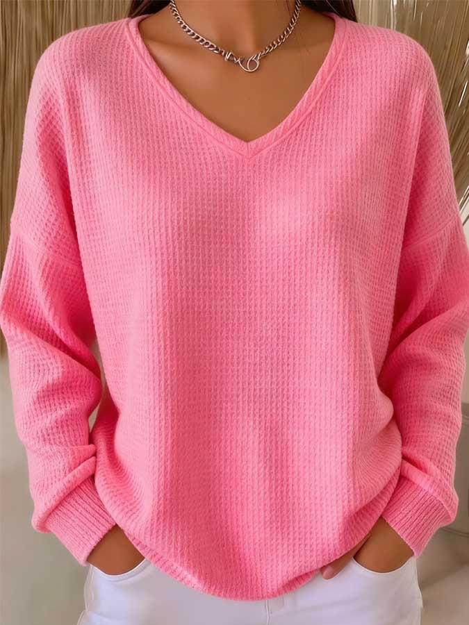 Women's Pink V-Neck Waffle Top