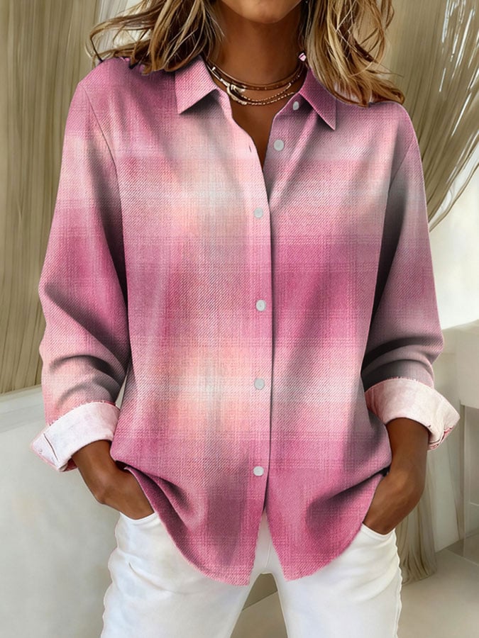 Women's Pink Plaid Print Lapel Long Sleeve Shirt