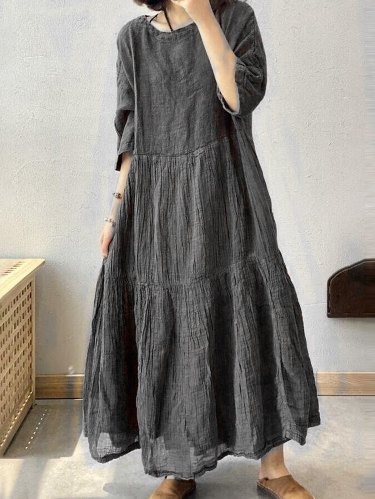 Daily Plain Half Sleeve Tiered Loose Midi Dress