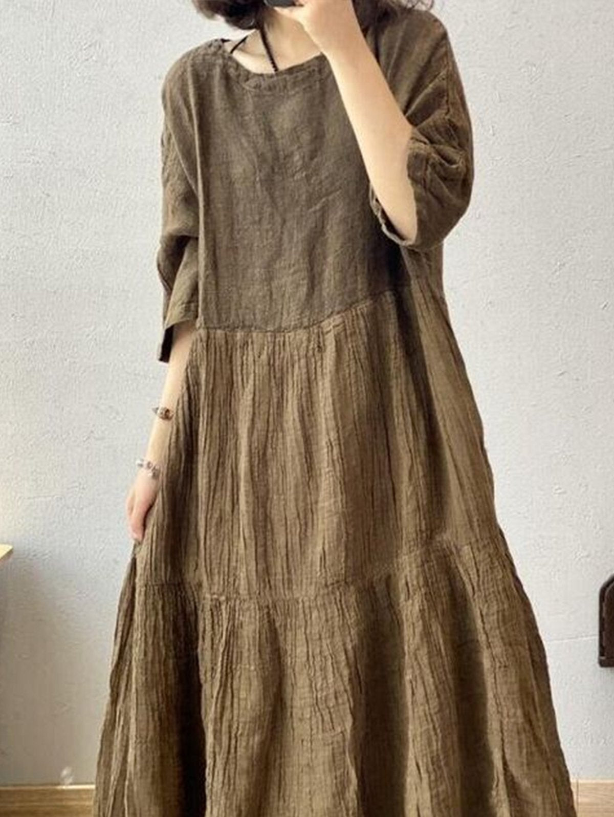 Daily Plain Half Sleeve Tiered Loose Midi Dress