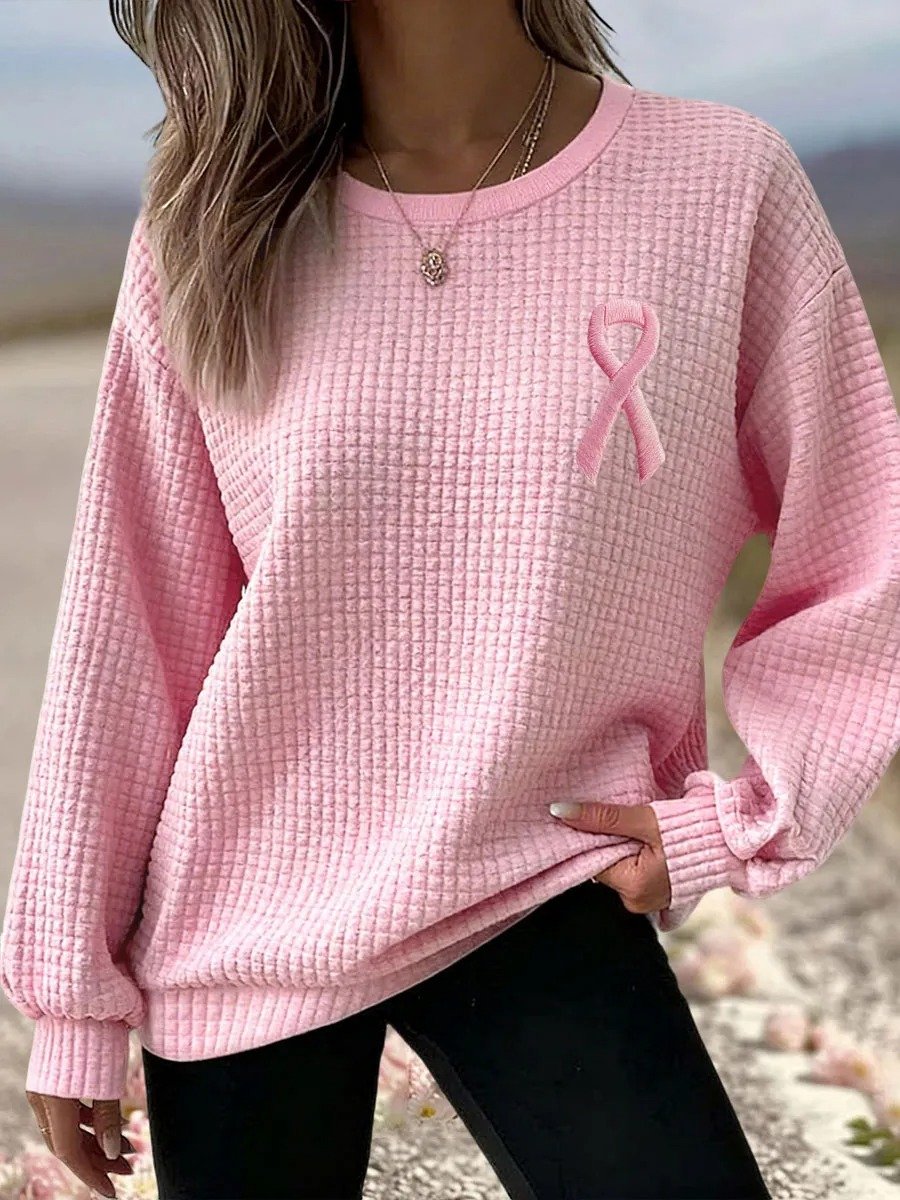 Women's Breast Cancer Ribbon Print Plaid Crew Neck Sweatshirt