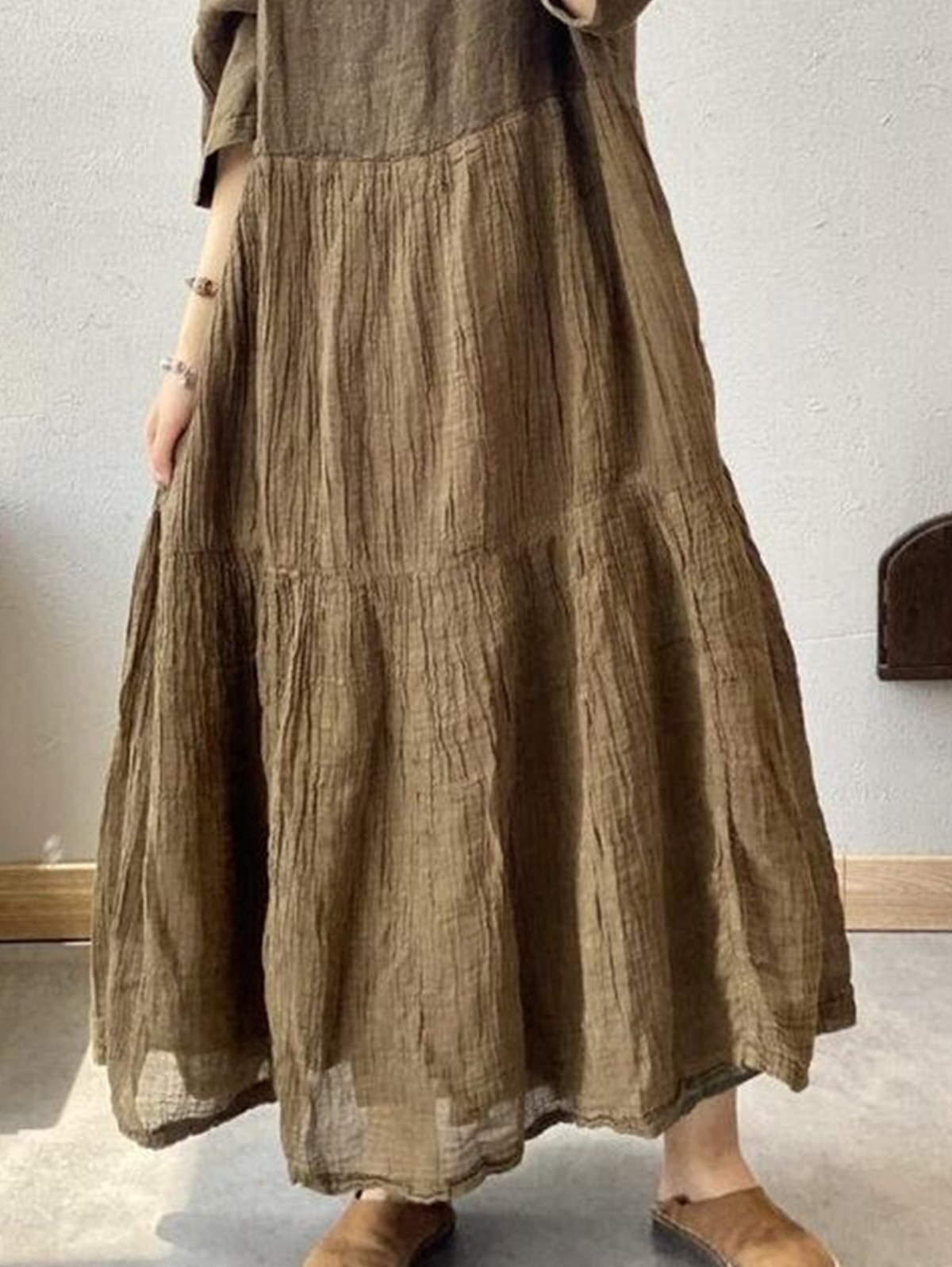Daily Plain Half Sleeve Tiered Loose Midi Dress