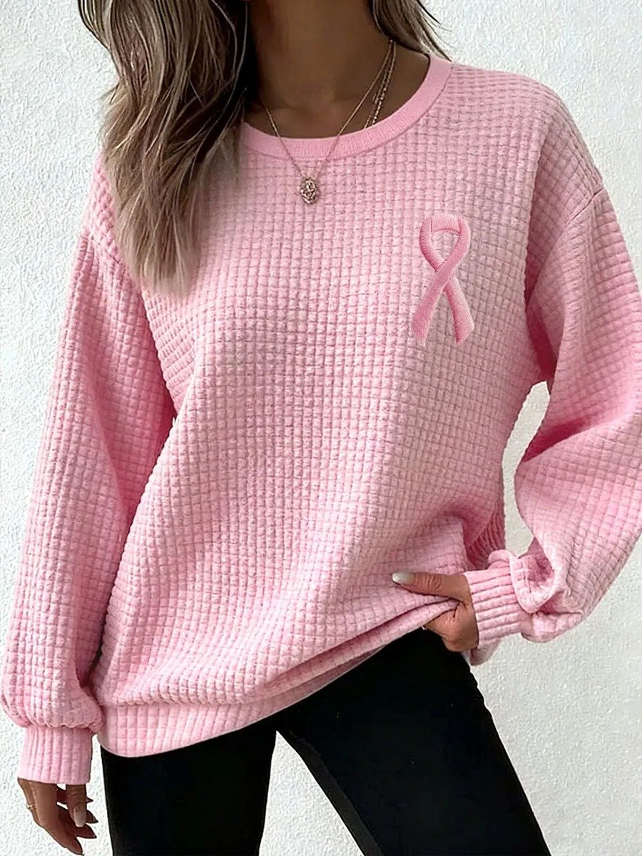 Women's Breast Cancer Ribbon Print Plaid Crew Neck Sweatshirt