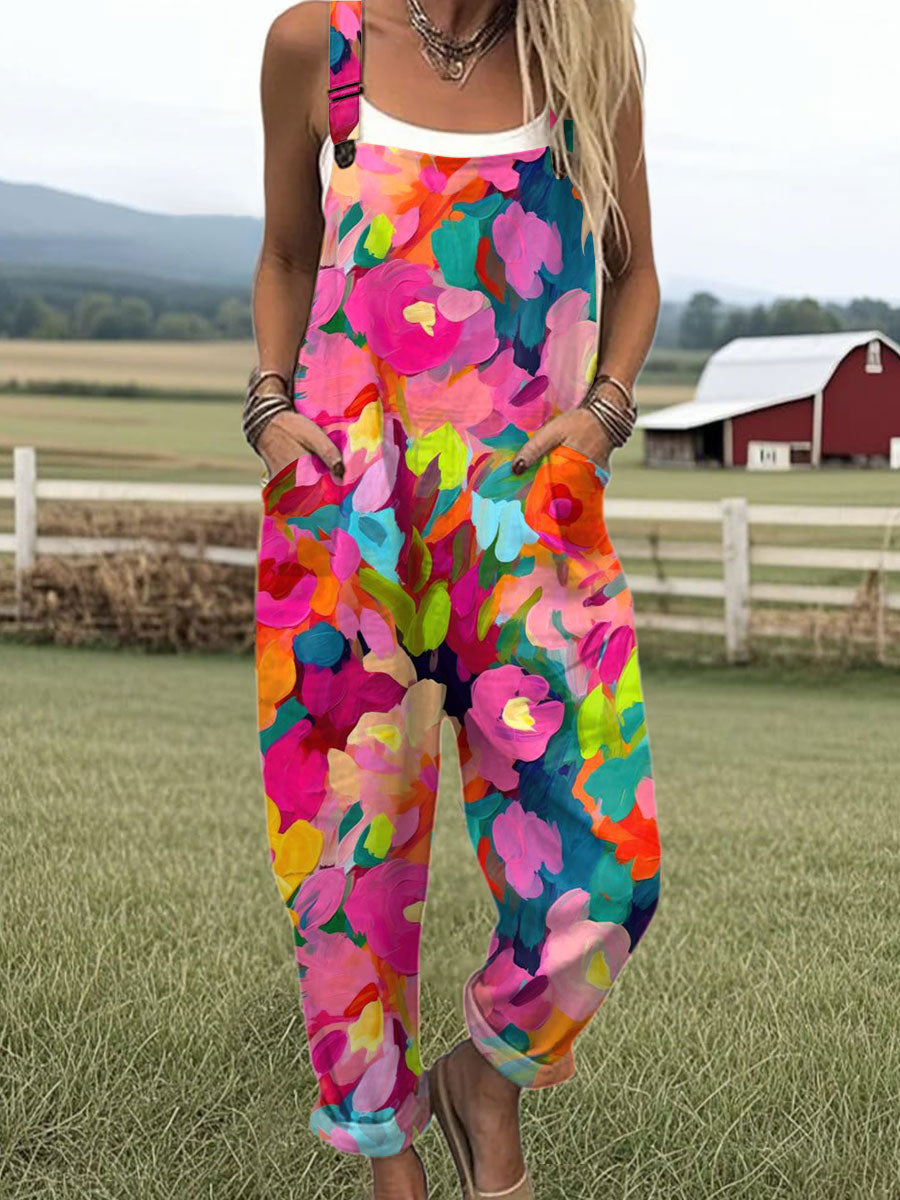 🔥Hot sale🔥Women's  Vintage Flower Art Print Casual Cotton + Polyester Wide Leg Jumpsuit