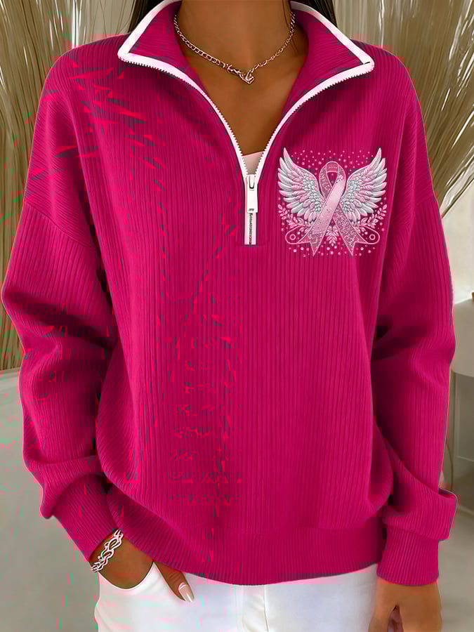 Women's Casual Pink Ribbon Knitted Zipper Sweatshirt