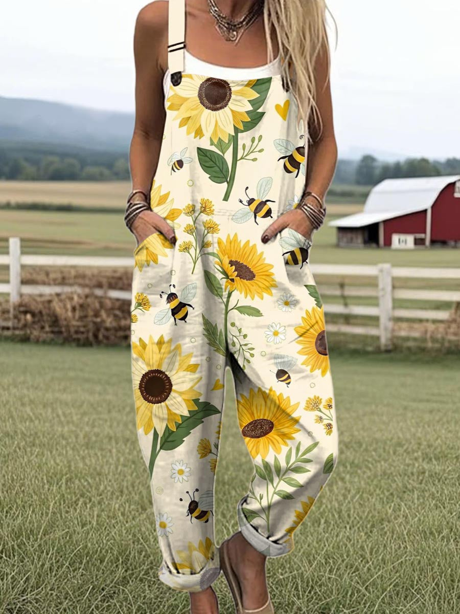 🔥Women's Lovely Sunflower Bees Pattern Art Print Casual Cotton + Polyester Wide Leg Jumpsuit