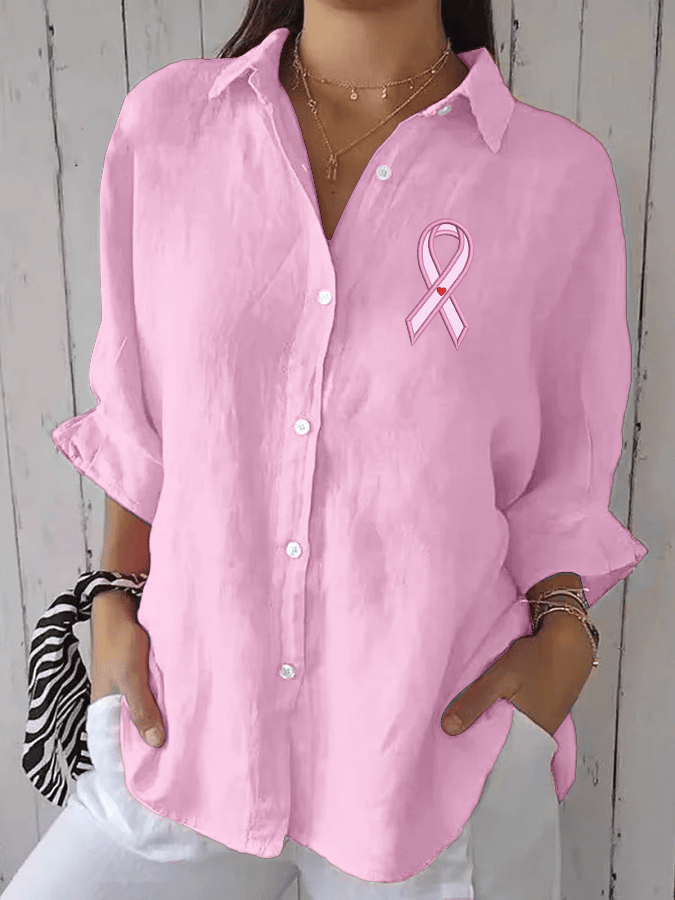 Women's Breast Cancer Awareness Print Casual Lapel Shirt