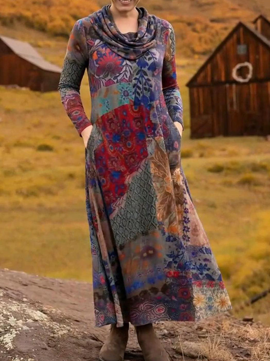 Women's Boho Boat-Shaped Collar Floral Print Stretch Dress