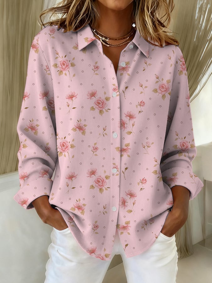 Women's Breast Cancer Art Floral Print Linen Comfort Shirt