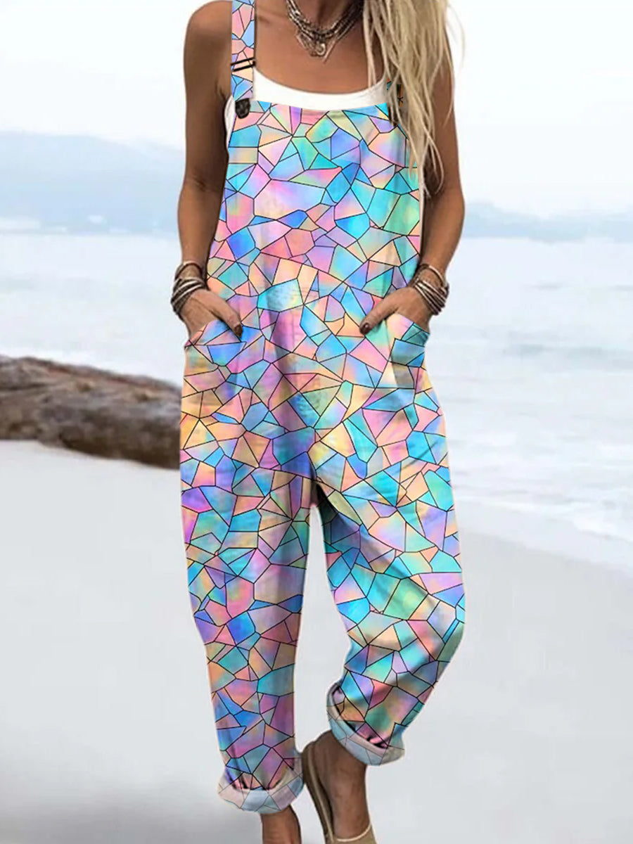 🔥Women's Art Colourful Acrylic Patterns Print Casual Cotton + Polyester Wide Leg Jumpsuit