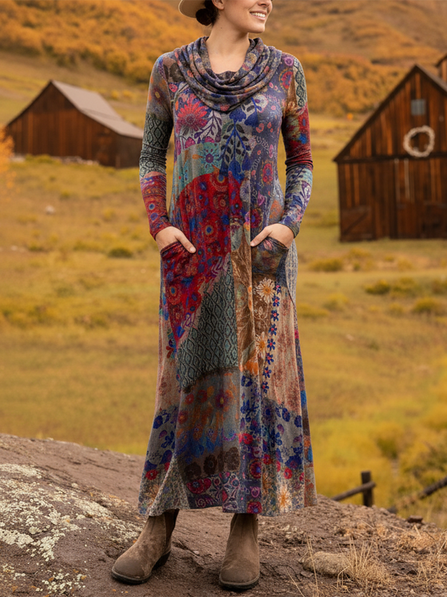 Women's Boho Boat-Shaped Collar Floral Print Stretch Dress