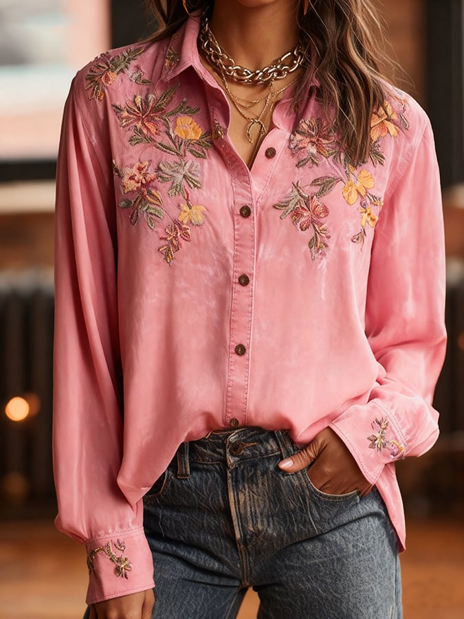 Women's Pink Floral Art Print Linen Top