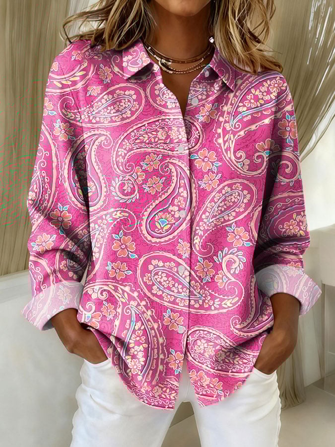 Women's Pink Paisley Print Lapel Long Sleeve Shirt