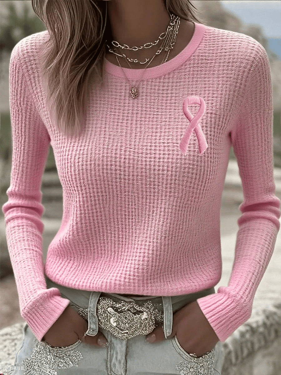 Women's Breast Cancer Ribbon Print Crew Neck Sweater