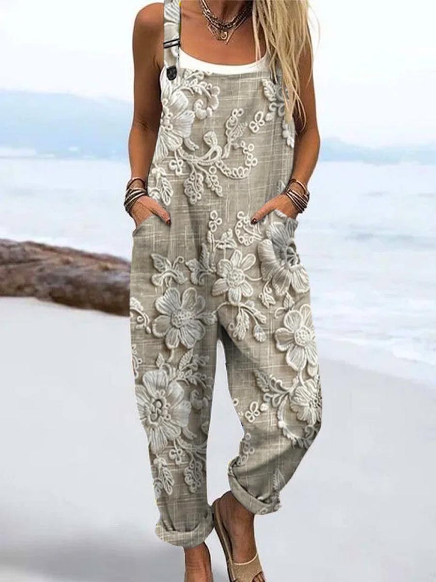 🥻Women's Vintage Floral Pattern Art Print Casual  Wide Leg  Cotton + Polyester Jumpsuit  7/8