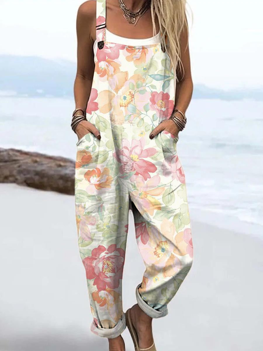 Women's Vintage Art Flower Print Casual Cotton + Polyester Wide Leg Jumpsuit  01