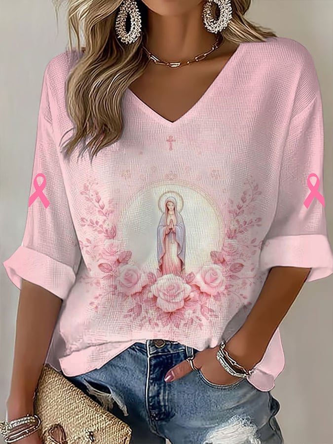 Women's Virgin Mary pink breast cancer awareness Print Shirt