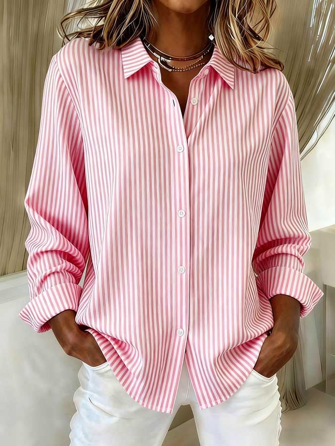 Women's Pink Striped Print Lapel Long Sleeve Shirt