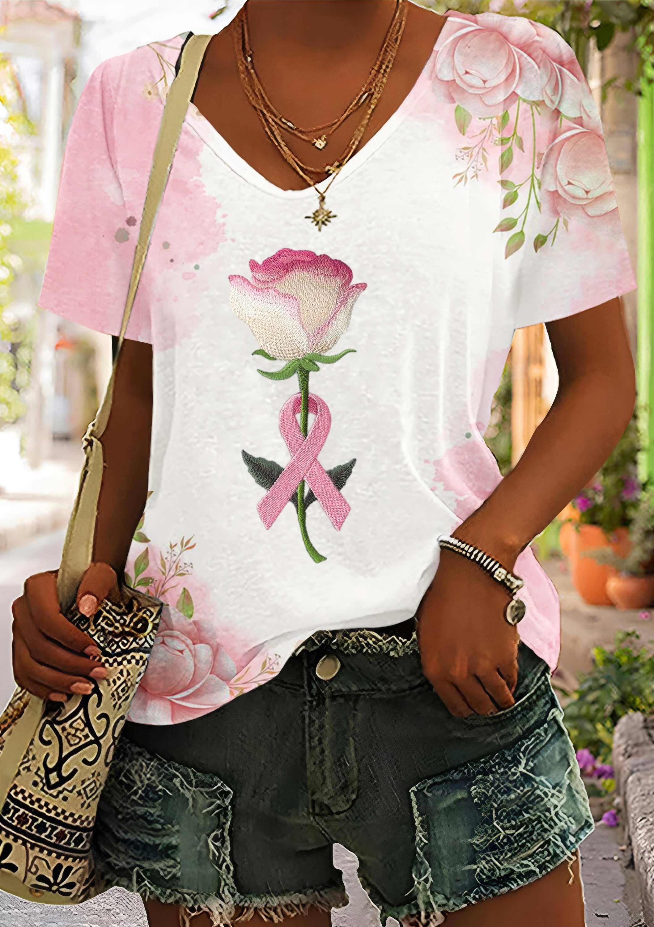 Floral Pink October Art Printed V-Neck T-Shirt